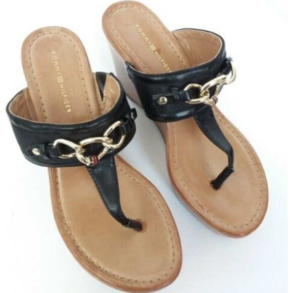 Tommy Hilfiger Thong Wedge Sandals Black 6 - Picture 12 of 13
